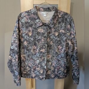 Christopher & Banks Pink Gray Embroidered Floral Jean Jacket Spring Warm Cute